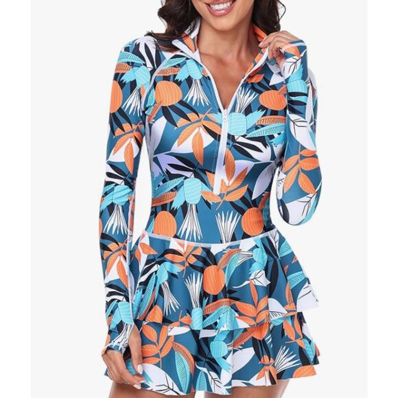 Other - NEW Uniquebella Rash Guard Swim Dress Large Long Sleeve Zip Skirted NWT